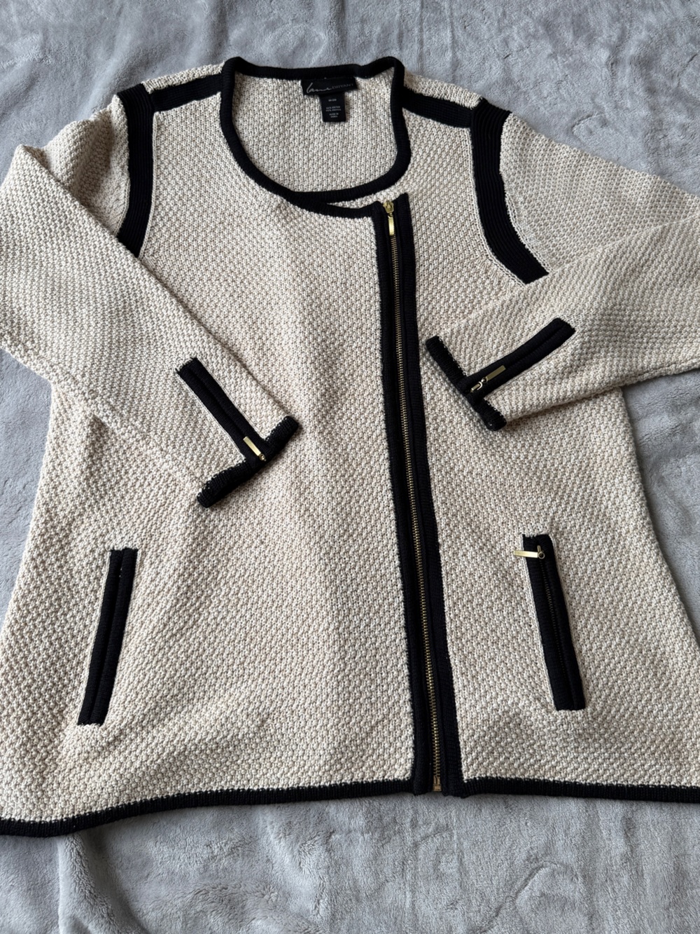 Lane Bryant Cream and Black Textured Zip-Front Cardigan